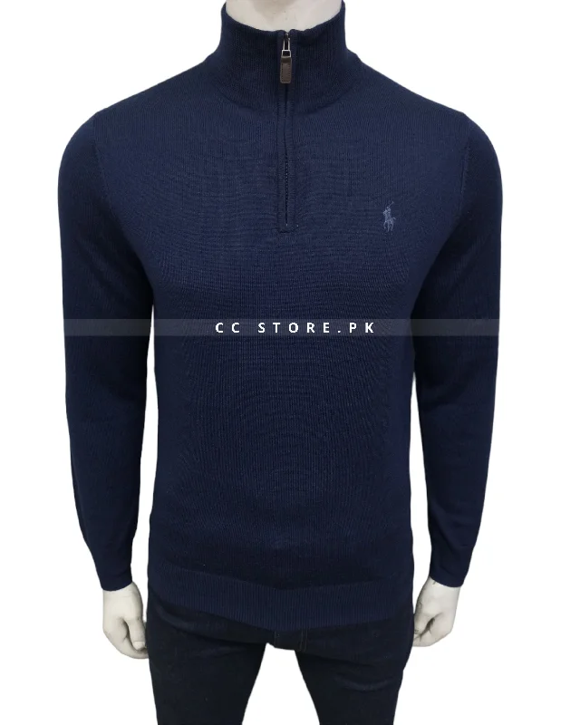 Men's Sweaters with Hoods and DrawstringsRL Merino Wool Navy Blue Half Zipper