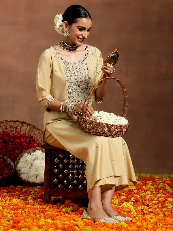 Beige Embroidered Silk Blend Straight Kurta Set