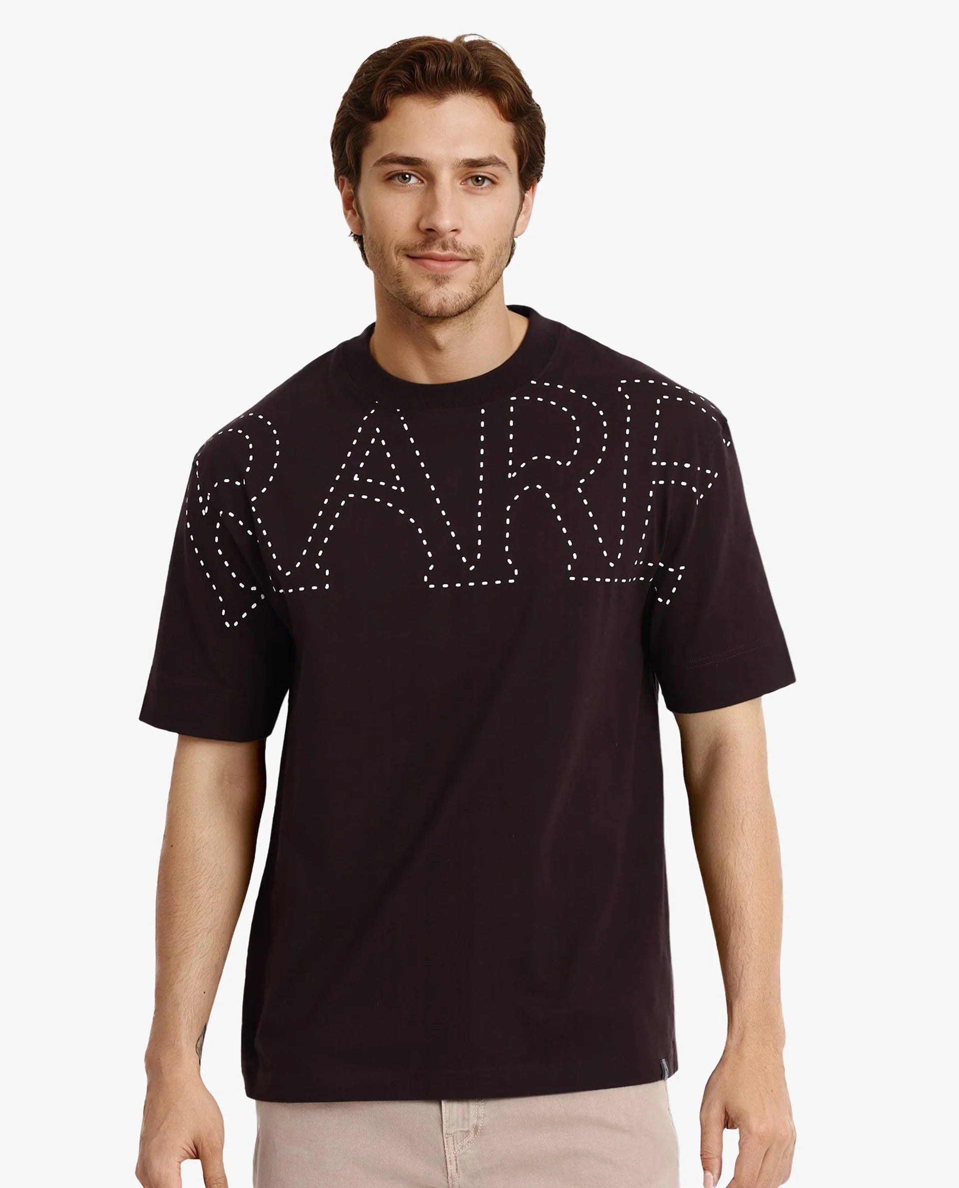 Men's Shirts with Velcro ClosuresRare Rabbit Men Galloway Dark Brown Cotton Fabric Short Sleeve Crew Neck Oversized Fit Typo Graphic Print T-Shirt Men's Shirts with Velcro ClosuresRare Rabbit Men Galloway Dark Brown Cotton Fabric Short Sleeve Crew Neck Oversized Fit Typo Graphic Print T-Shirt