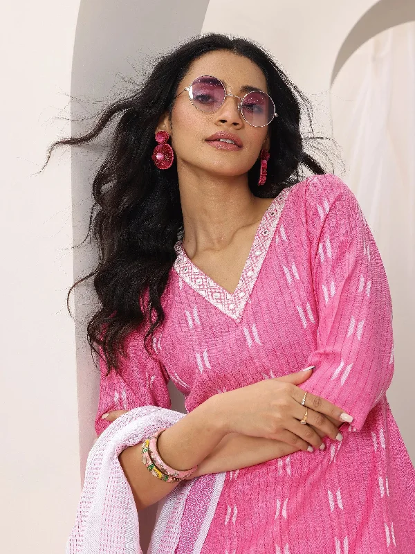 Pink Woven Design Cotton Blend Straight Suit Set With Dupatta