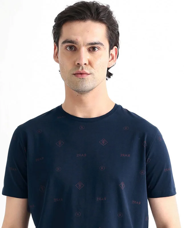 Men's Shirts for Beach OutingsRare Rabbit Men's Grammy Navy Crew Neck Half Sleeves Regular Fit Monogram Print T-Shirt Men's Shirts for Beach OutingsRare Rabbit Men's Grammy Navy Crew Neck Half Sleeves Regular Fit Monogram Print T-Shirt