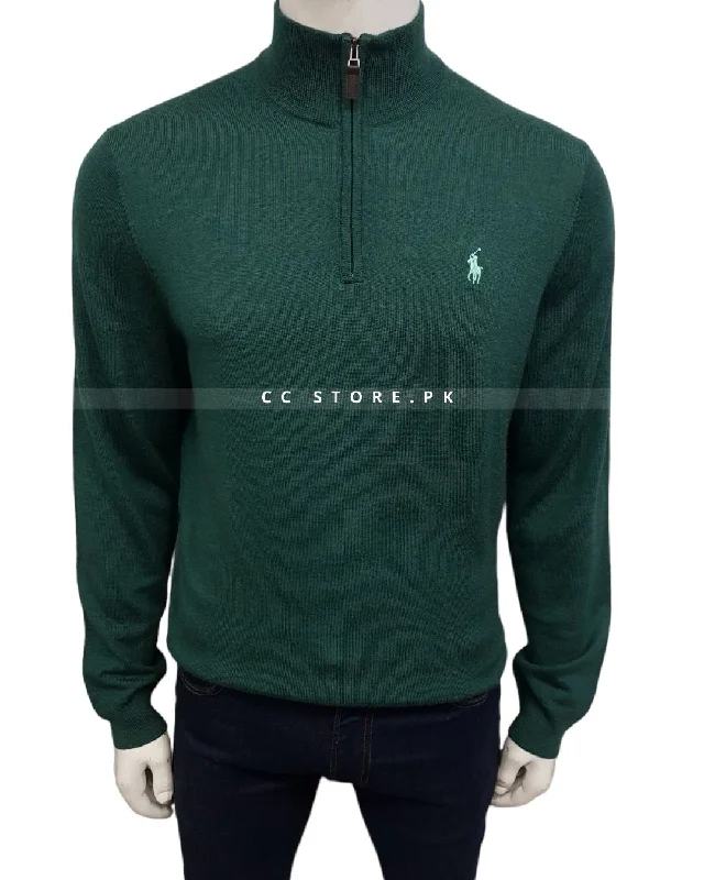Men's Sweaters with Elastic WaistbandsMerino Wool Dark Green Half Zipper