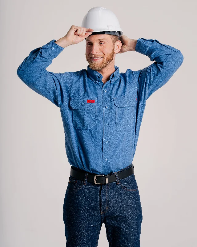 Men's Travel Shirts for Easy PackingFR DH AIr Uniform Shirts | made with 5.5oz. Westex® DH Air | Medium Blue Men's Travel Shirts for Easy PackingFR DH AIr Uniform Shirts | made with 5.5oz. Westex® DH Air | Medium Blue