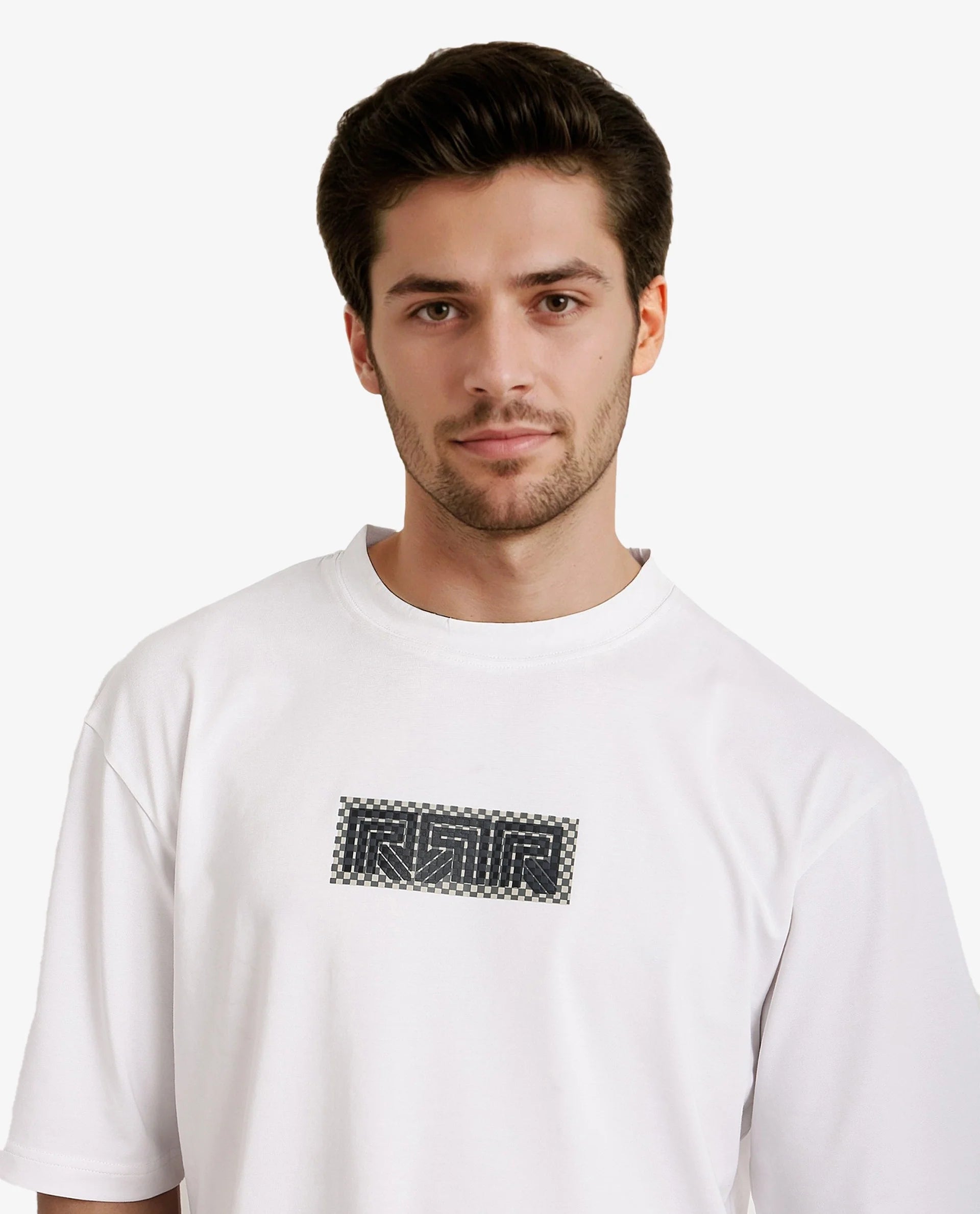 Men's Shirts with Appliqué DetailsRare Rabbit Men Fobo White Cotton Polyester Lycra Fabric Short Sleeve Crew Neck Oversized Fit Monogram Chest Print T-Shirt Men's Shirts with Appliqué DetailsRare Rabbit Men Fobo White Cotton Polyester Lycra Fabric Short Sleeve Crew Neck Oversized Fit Monogram Chest Print T-Shirt