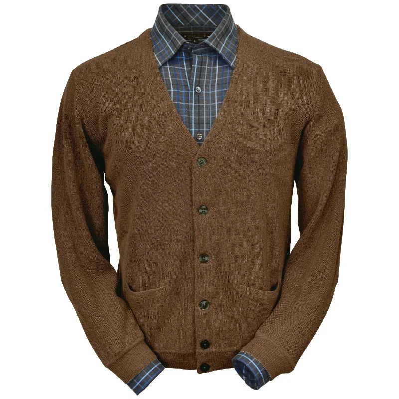 Men's Sweaters with Relaxed FitsBaby Alpaca 'Links Stitch' V-Neck Cardigan Sweater in Khaki Heather by Peru Unlimited Men's Sweaters with Relaxed FitsBaby Alpaca 'Links Stitch' V-Neck Cardigan Sweater in Khaki Heather by Peru Unlimited