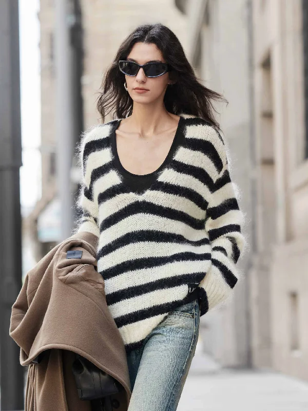 Cozy Men's Cable-Knit SweatersStriped V-neck Fluffy Sweater