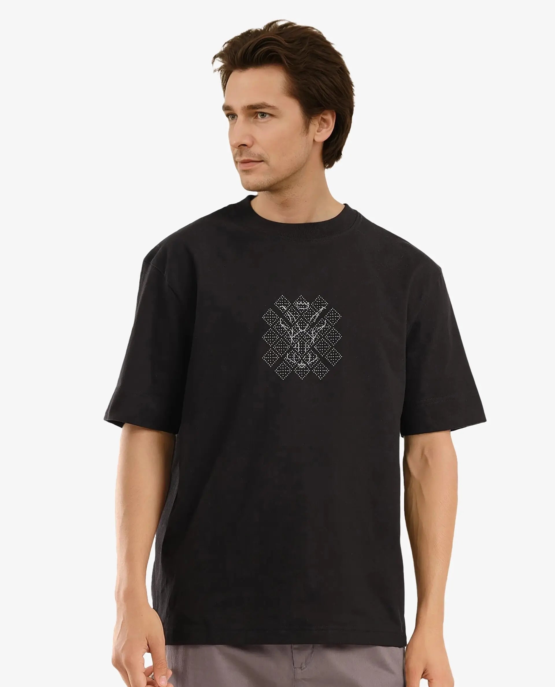 Men's Shirts with Mandarin CollarsRare Rabbit Men Lexel Black Cotton Lycra Short Sleeve Crew Neck Oversized Fit Stud Logo T-Shirt Men's Shirts with Mandarin CollarsRare Rabbit Men Lexel Black Cotton Lycra Short Sleeve Crew Neck Oversized Fit Stud Logo T-Shirt