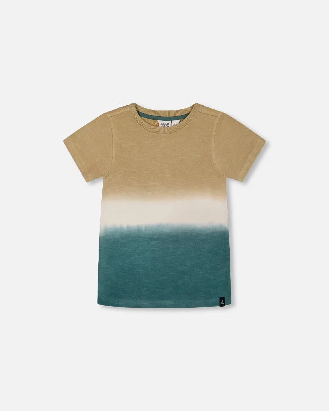 Men's Shirts with Contrast StitchingShort Sleeve Tee Gradient Beige And Teal