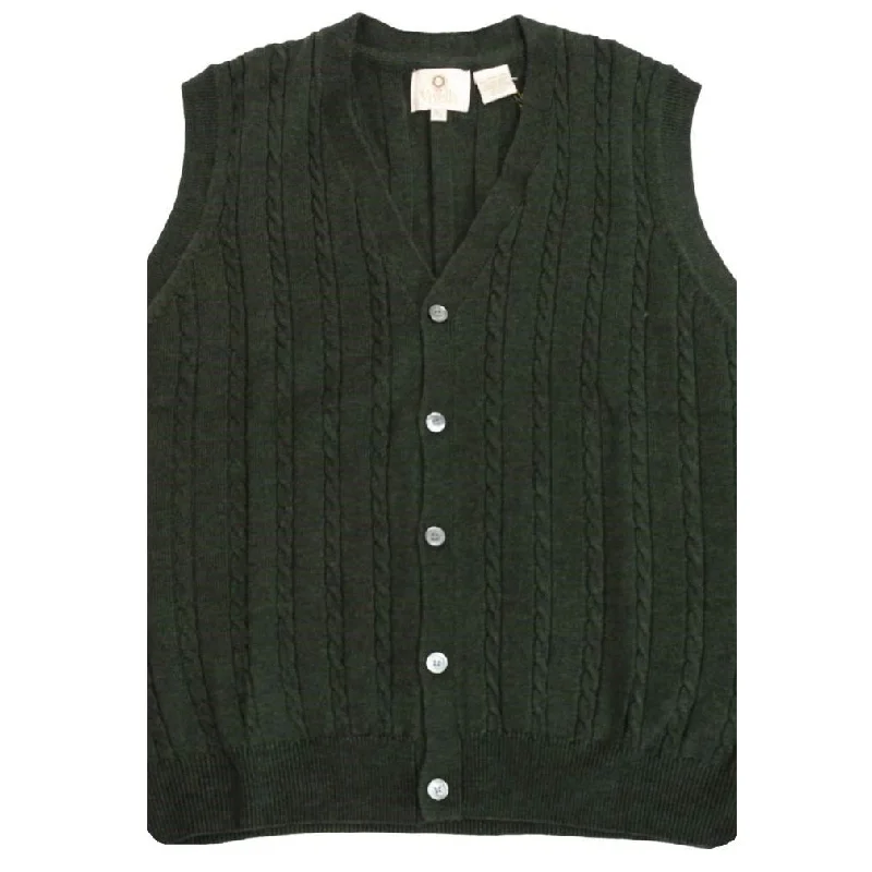 Men's Sweaters with Three-Quarter SleevesExtra Fine 'Zegna Baruffa' Merino Wool Button-Front Cable Knit Sleeveless Sweater Vest in Dark Green by Viyella