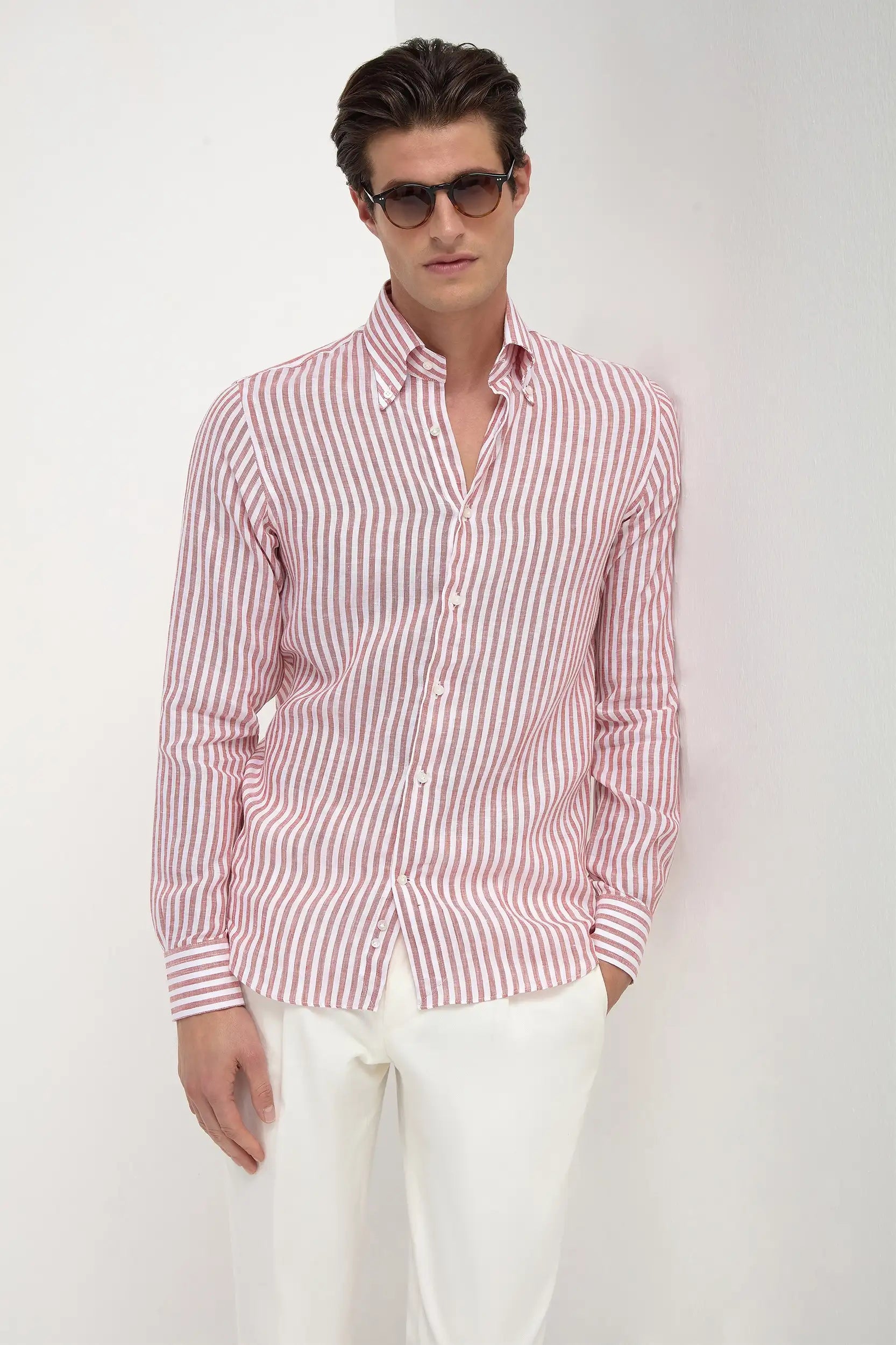 Men's Collared Shirts for Formal OccasionsBrick striped linen button down shirt - Made in Italy Men's Collared Shirts for Formal OccasionsBrick striped linen button down shirt - Made in Italy