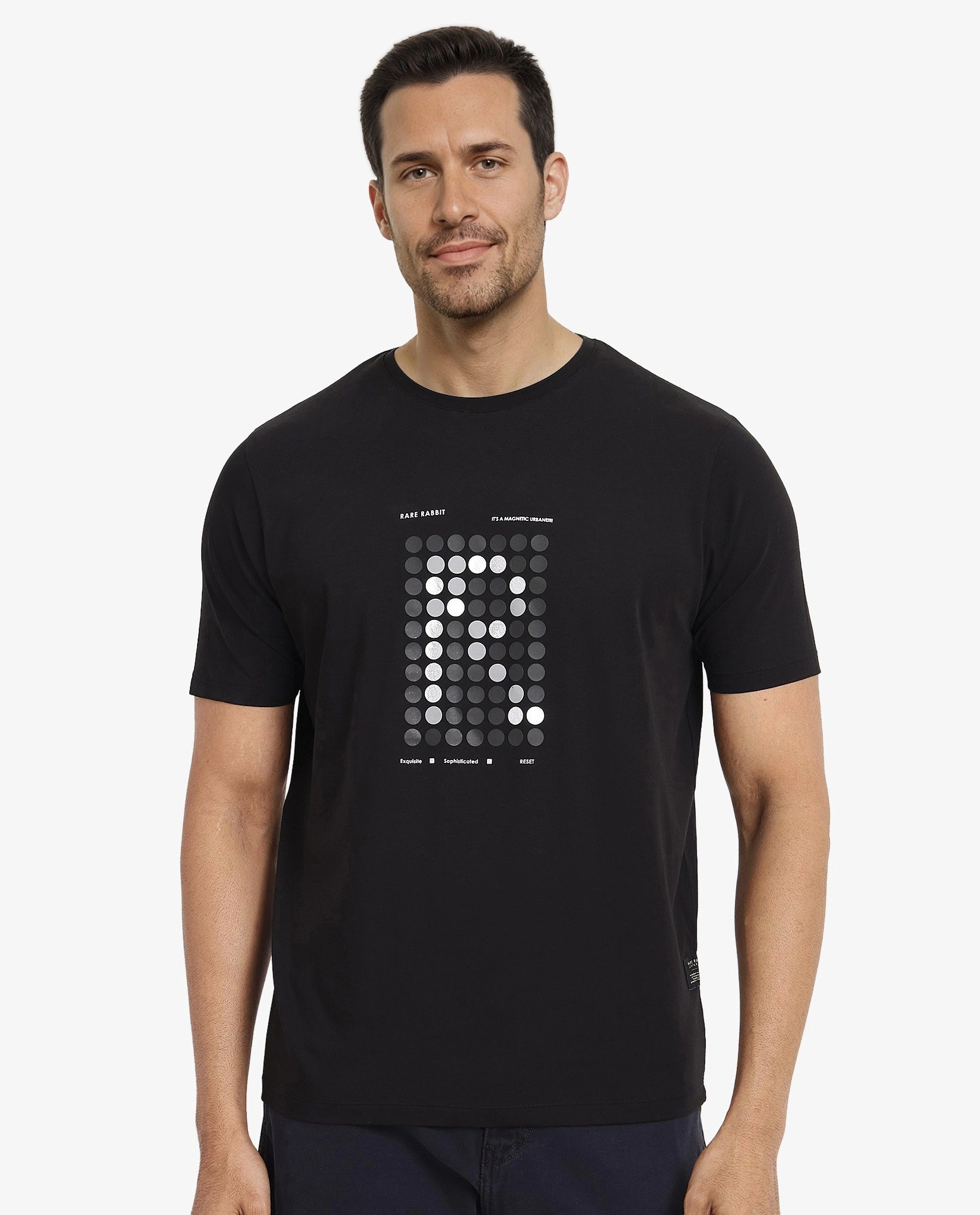 Men's Shirts with Graphic SleevesRare Rabbit Men Colos Black Cotton Lycra Fabric Short Sleeve Crew Neck Regular Fit Graphic Print T-Shirt Men's Shirts with Graphic SleevesRare Rabbit Men Colos Black Cotton Lycra Fabric Short Sleeve Crew Neck Regular Fit Graphic Print T-Shirt