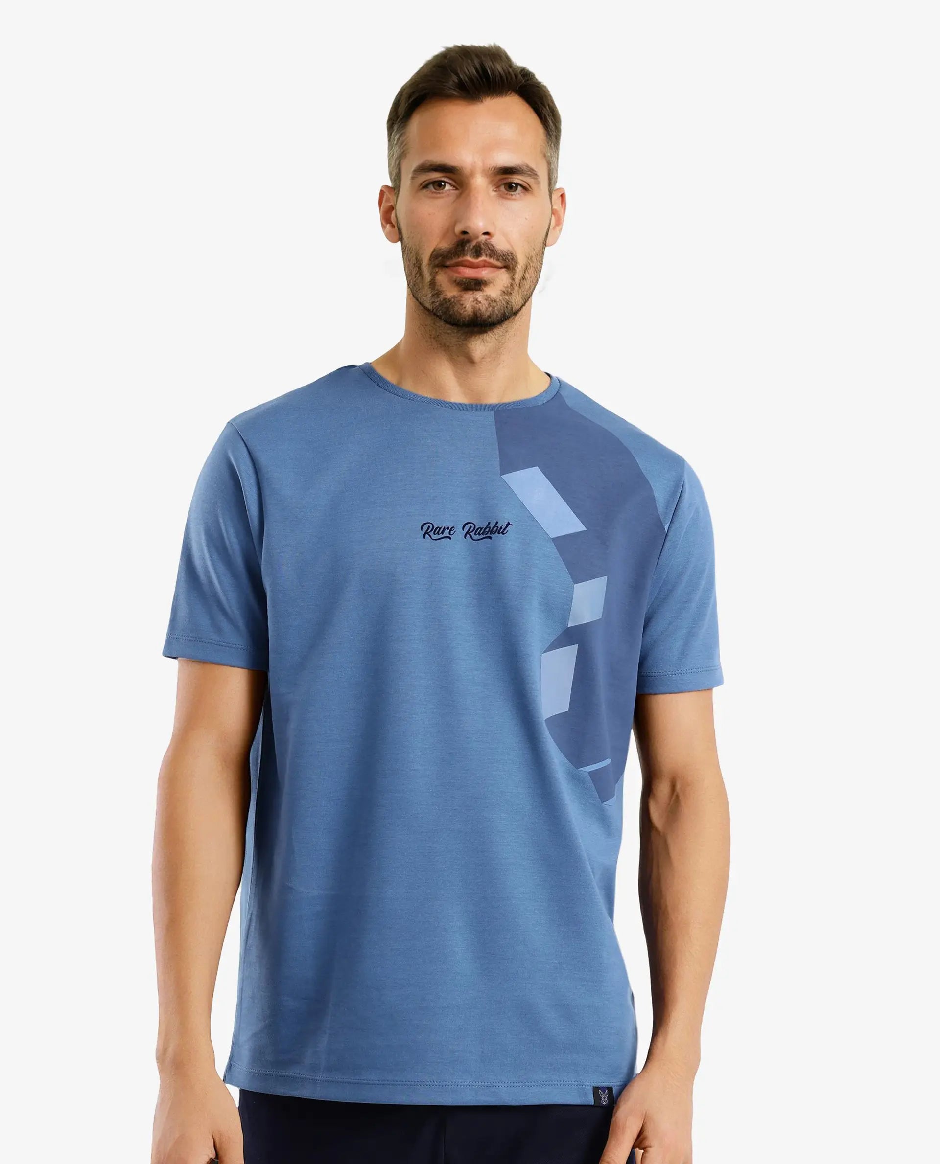 Men's Shirts for Beach OutingsRare Rabbit Men Antu Blue Cotton Polyester Fabric Short Sleeve Crew Neck Logo Print T-Shirt Men's Shirts for Beach OutingsRare Rabbit Men Antu Blue Cotton Polyester Fabric Short Sleeve Crew Neck Logo Print T-Shirt
