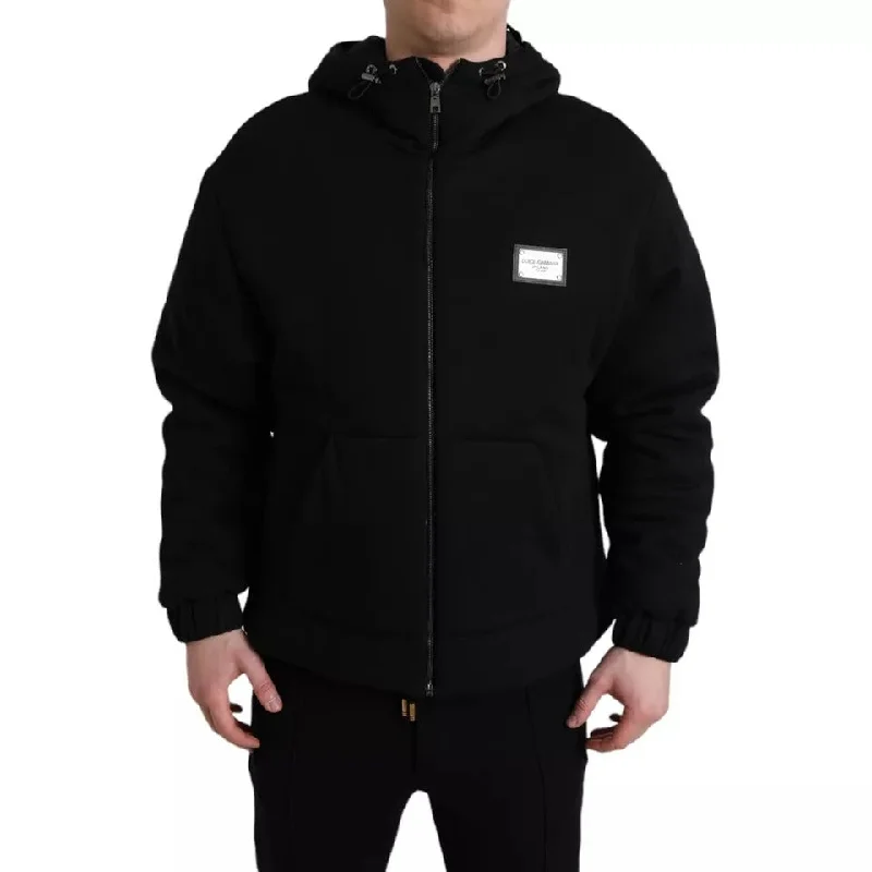 Men's Coats for All SeasonsBlack Cotton Hooded Logo Bomber Jacket
