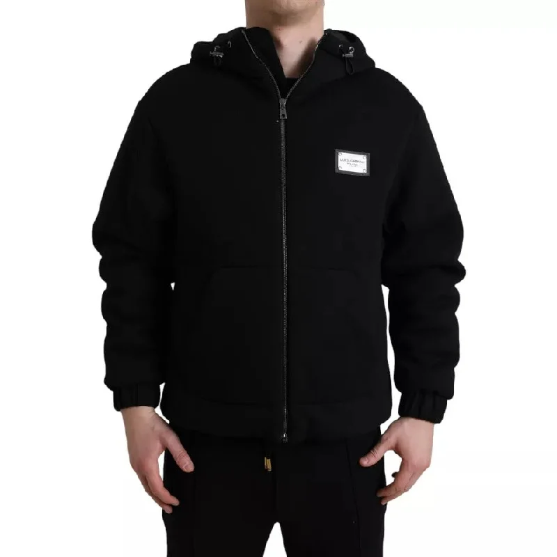 Comfortable Men's ParkasBlack Cotton Hooded Logo Bomber Jacket