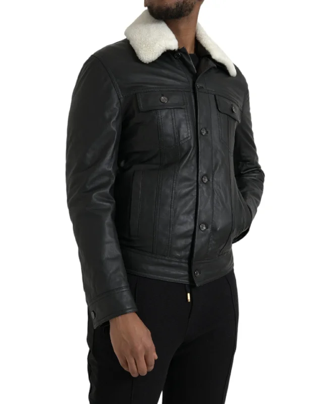 Men's Coats for Skinny MenBlack Leather Fur Collar Biker Coat Jacket
