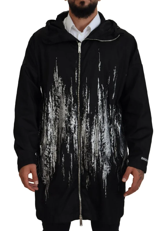 Men's Coats with Modern CutsBlack White Print Long Hooded Coat Nylon Jacket