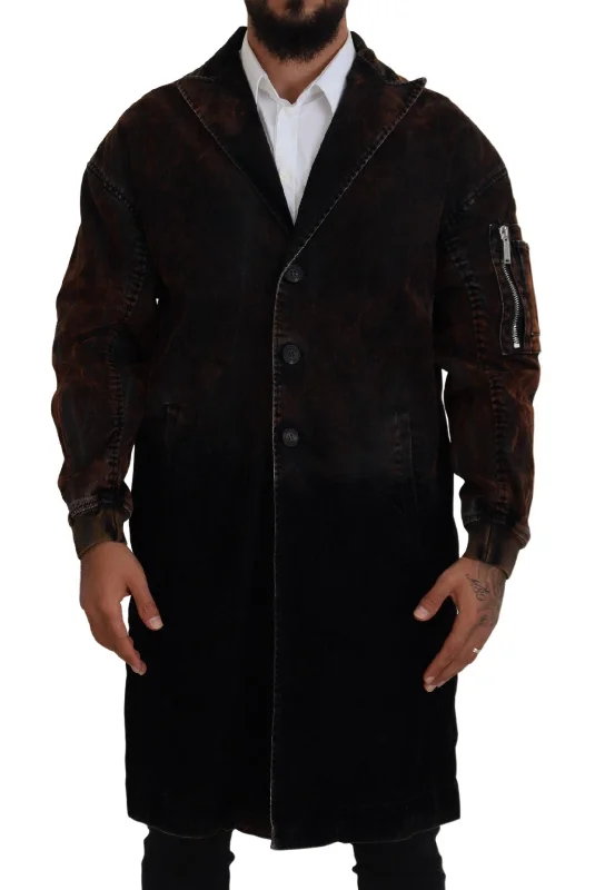 Men's Coats with Synthetic InsulationBrown Full Button Men Long Coat Cotton Jacket