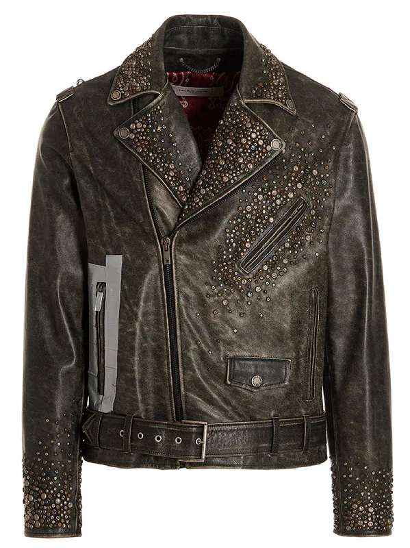 Men's Coats with Reflective StripesDistressed Leather Biker Jacket