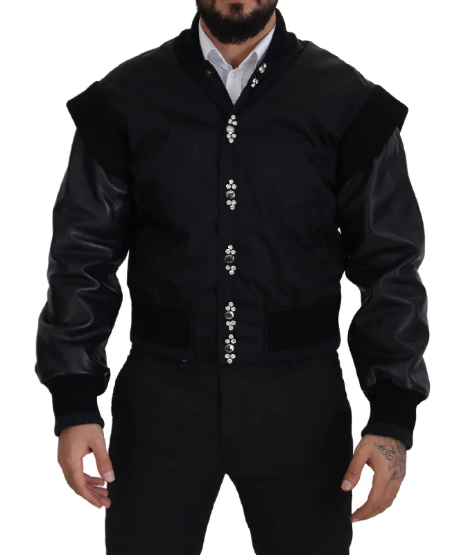 Weather-Resistant Men's CoatsElegant Black Crystal-embellished Bomber Jacket