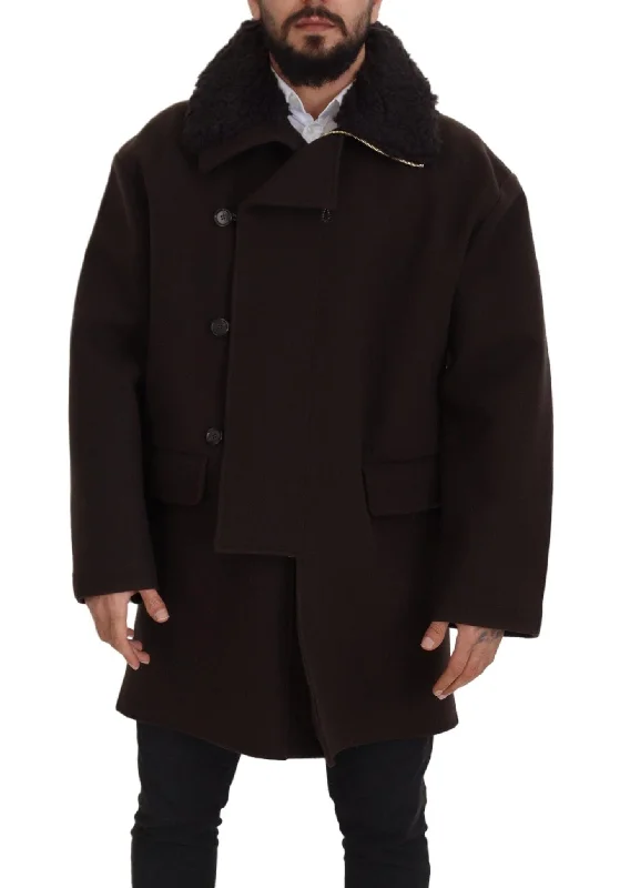 Men's Coats with Magnetic ClosuresElegant Dark Brown Shearling Coat Jacket