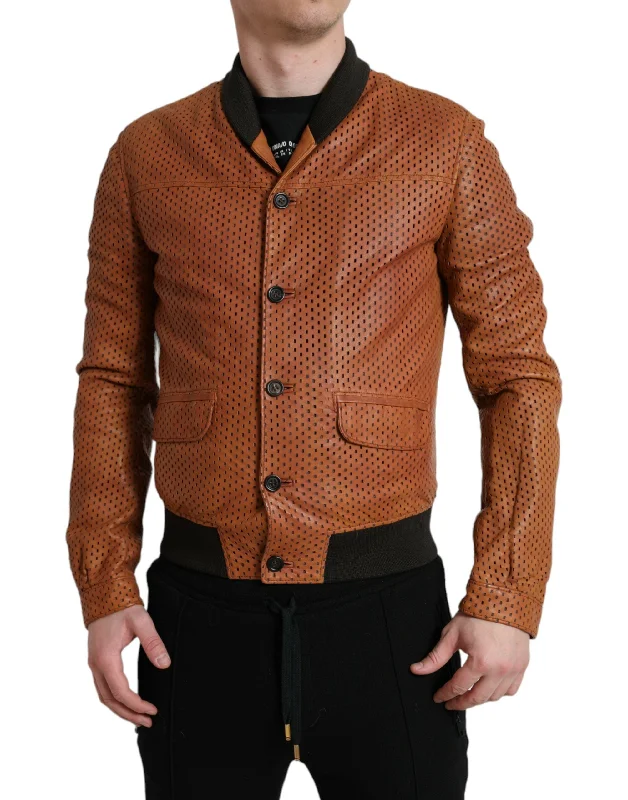 Men's Coats with Relaxed FitsElegant Leather Perforated Bomber Jacket
