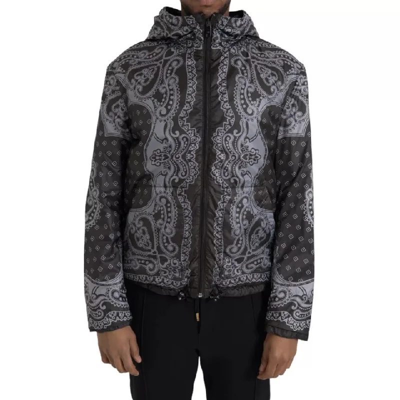 Functional Men's Ski JacketsGray Bandana Hooded Full Zip Bomber Jacket