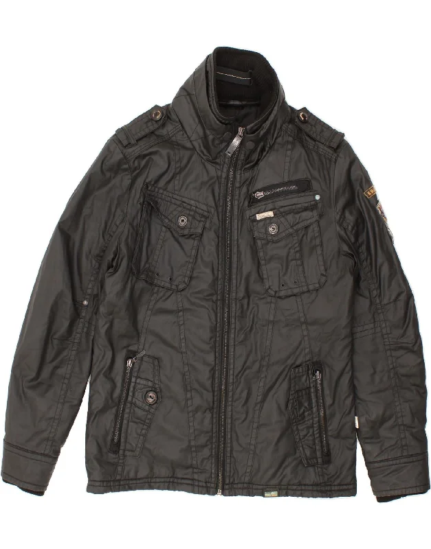 Men's Coats with Fur TrimKHUJO Mens Military Graphic Windbreaker Jacket UK 42 XL Black Cotton