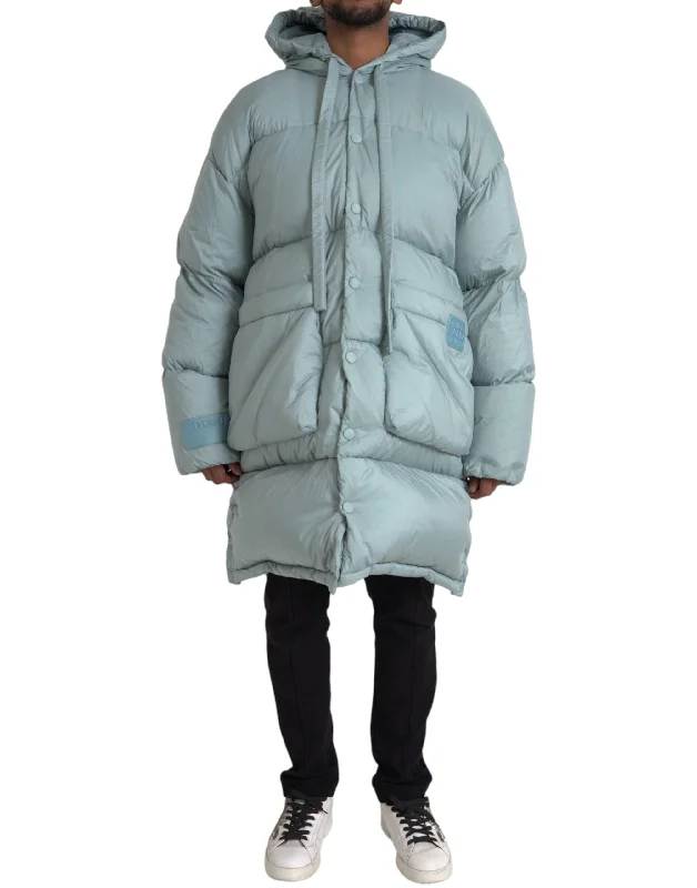 Men's Coats with Wind-Resistant FabricLight Blue Quilted Hooded Puffer Jacket Men