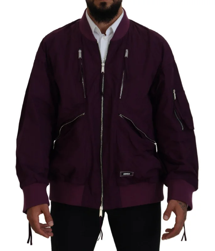Men's Coats for SpringPurple Polyester Full Zipper Bomber Jacket