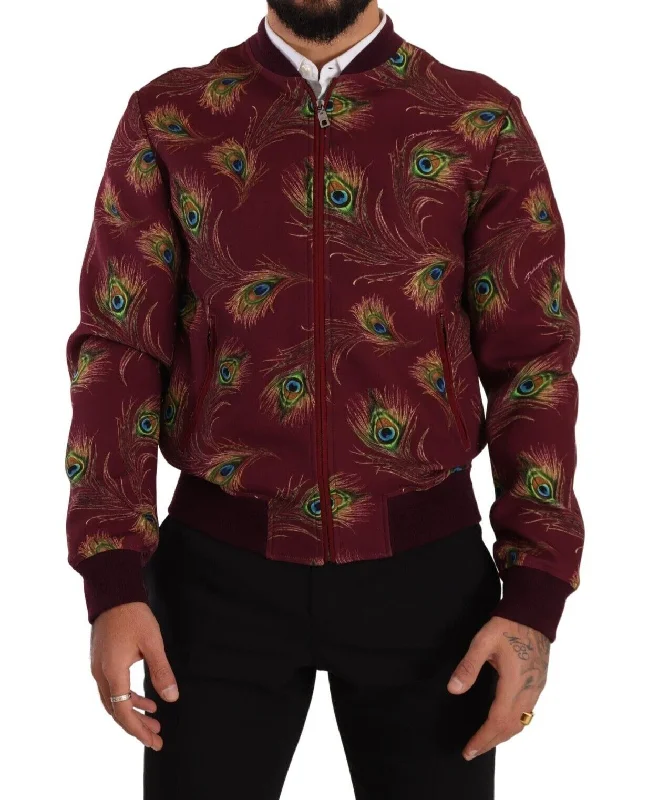 Winter-Ready Men's CoatsRadiant Red Peacock Print Bomber Jacket